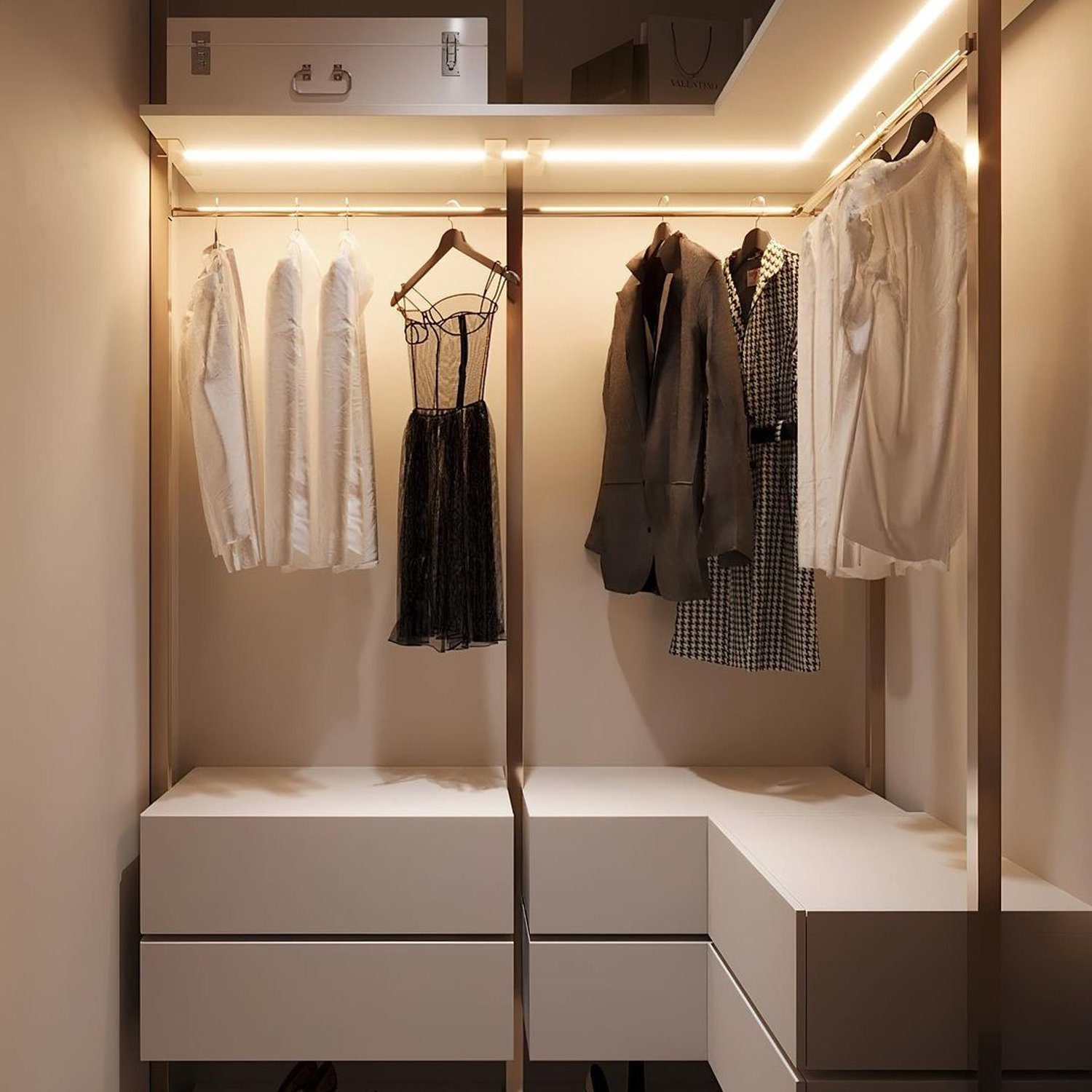 Elegantly organized walk-in closet with ambient lighting