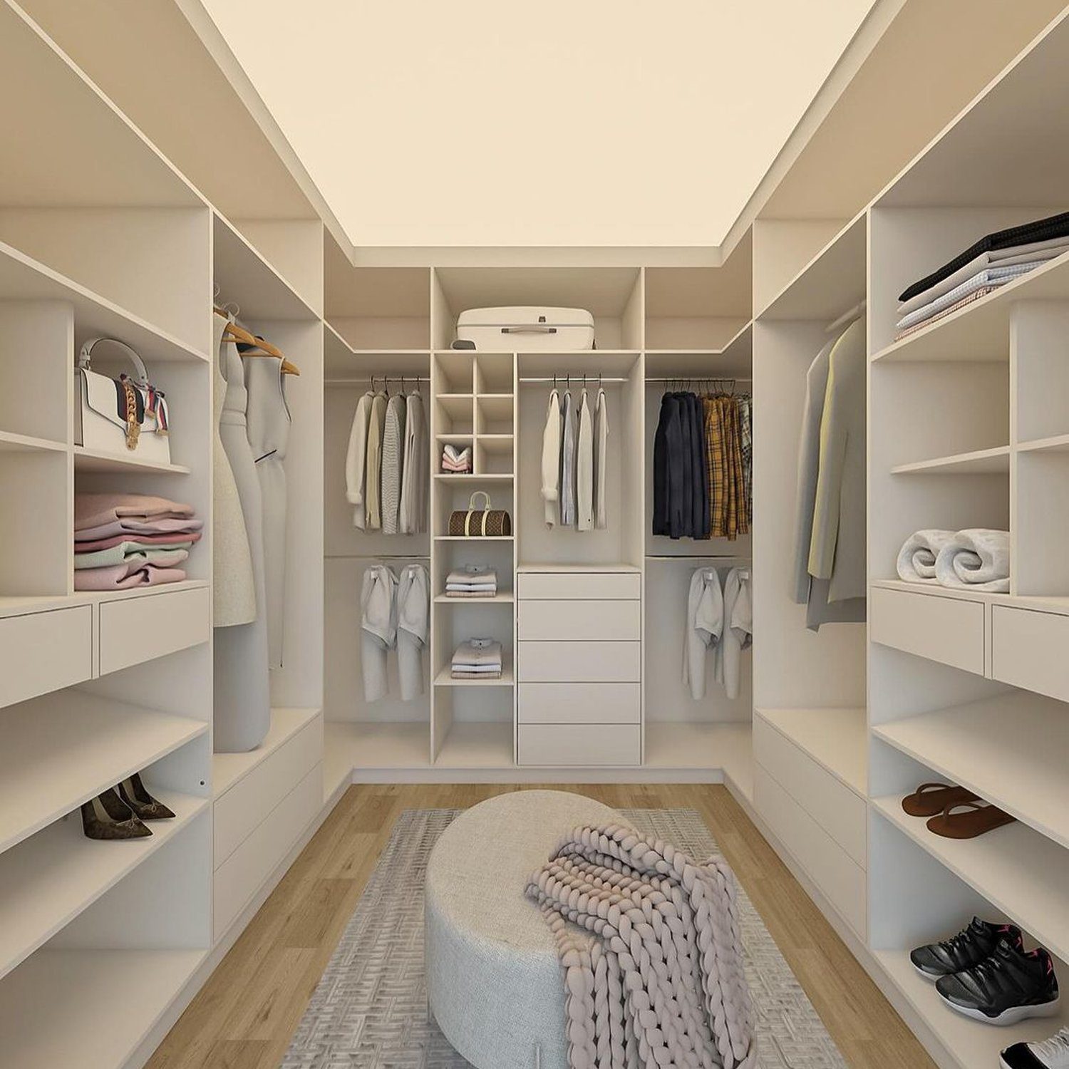 Elegantly designed walk-in closet with optimized storage space