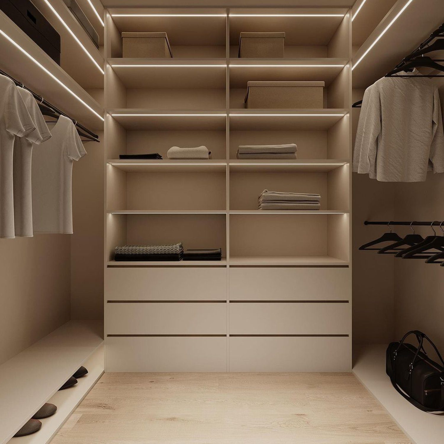 A minimalist and elegant walk-in closet design featuring warm lighting and sleek storage solutions