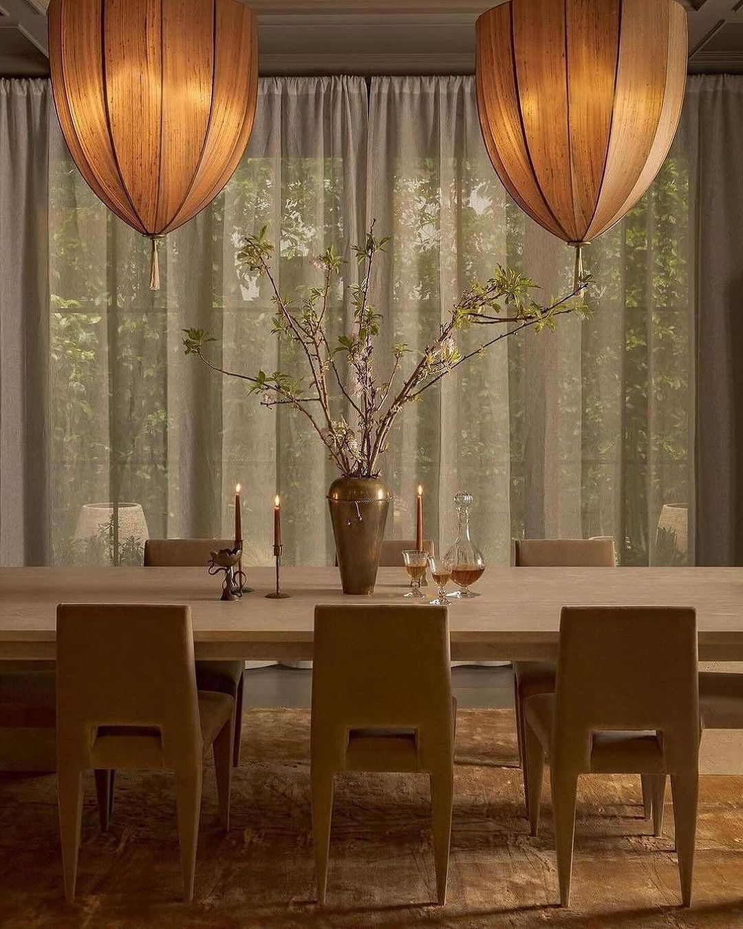 Warm-toned dining room decor with wooden elements