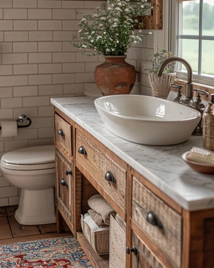 A rustic-style bathroom featuring warm tones and natural textures