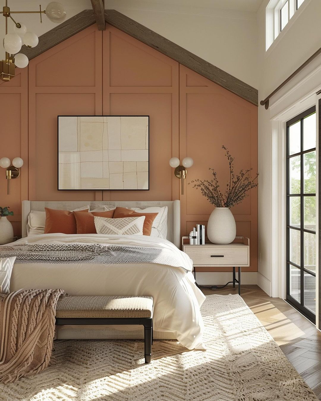 A warmly inviting bedroom with terracotta walls and a pitched ceiling