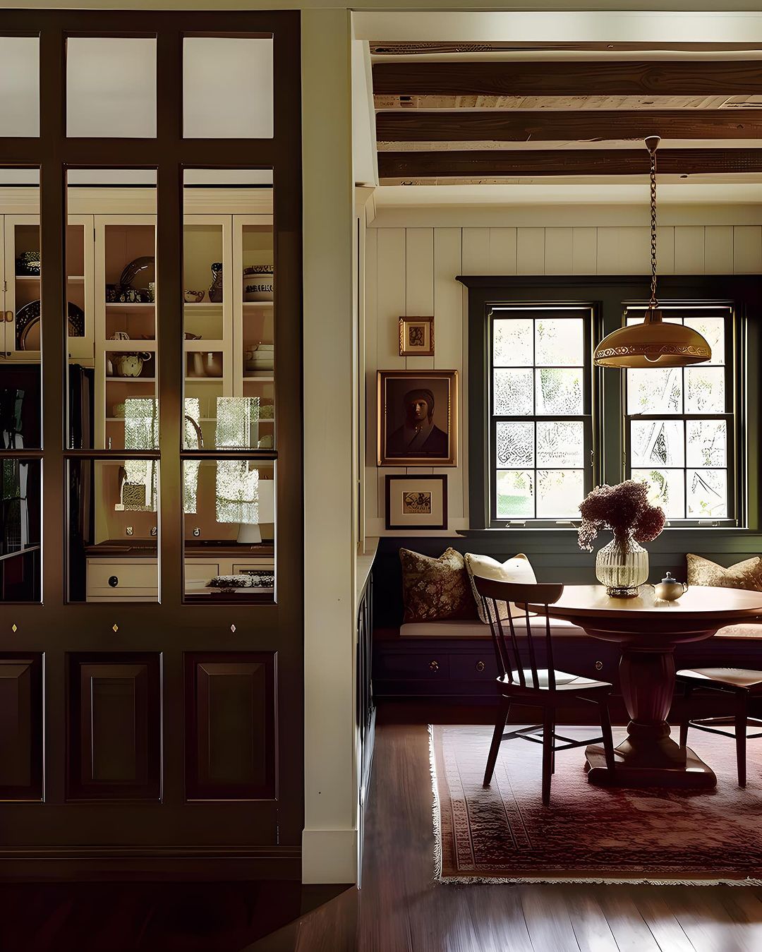 A cozy dining room with rich wood tones and vintage decor