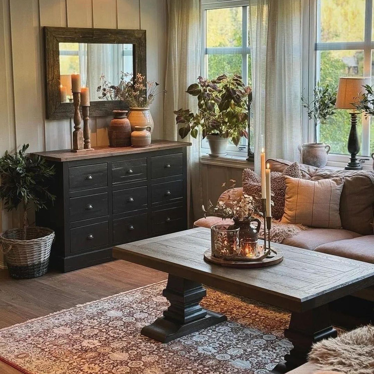 Cozy living room with warm tones and rustic elements