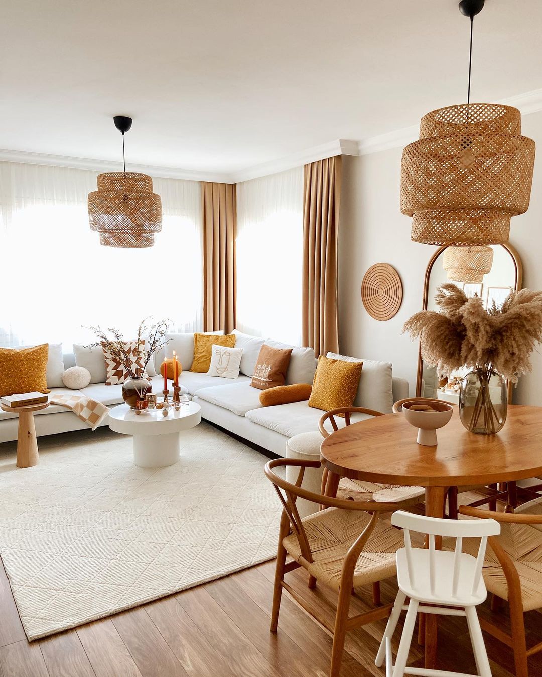 A tastefully decorated living room with a harmonious blend of textures and warm tones.