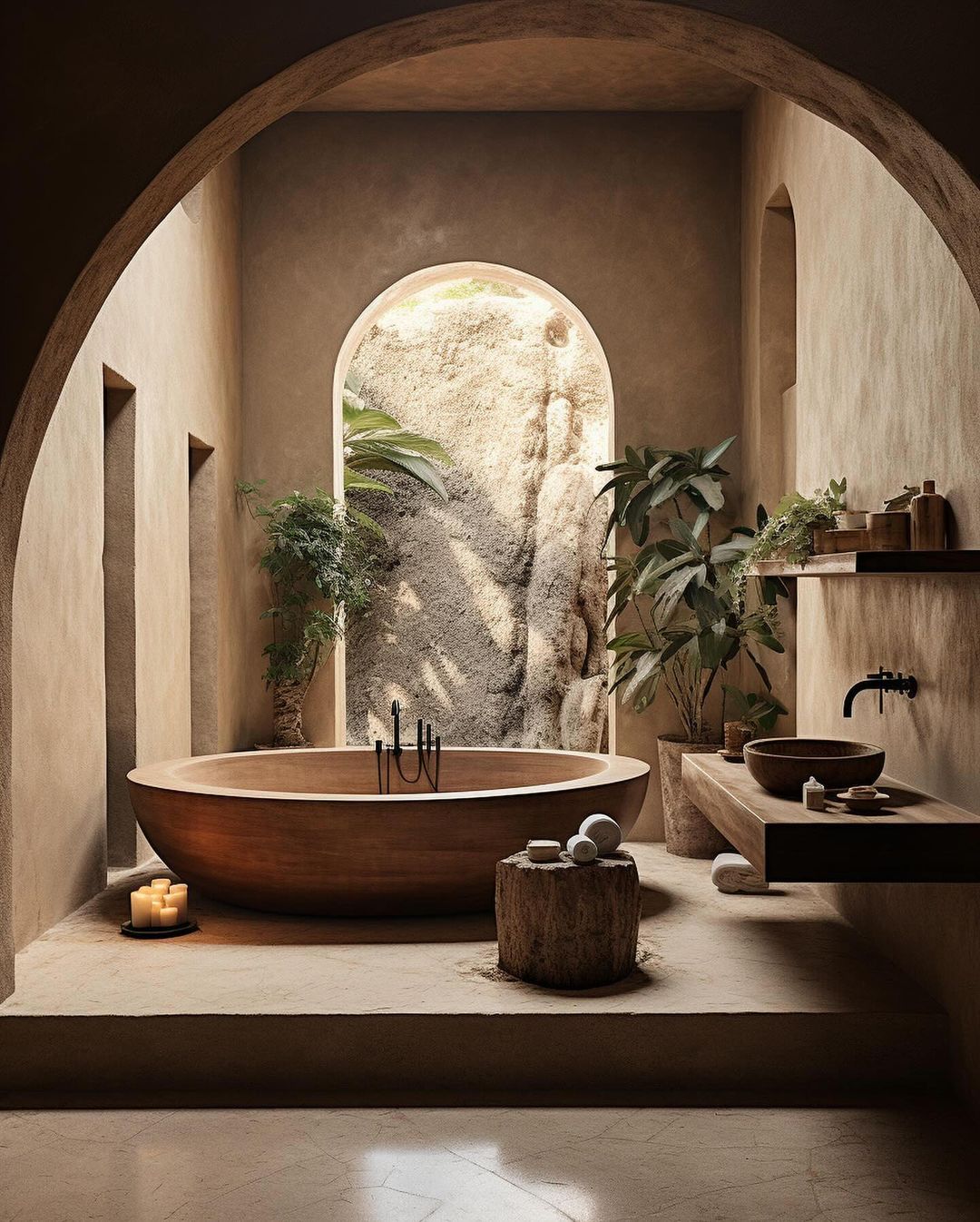 A natural and serene bathroom with a wooden freestanding tub