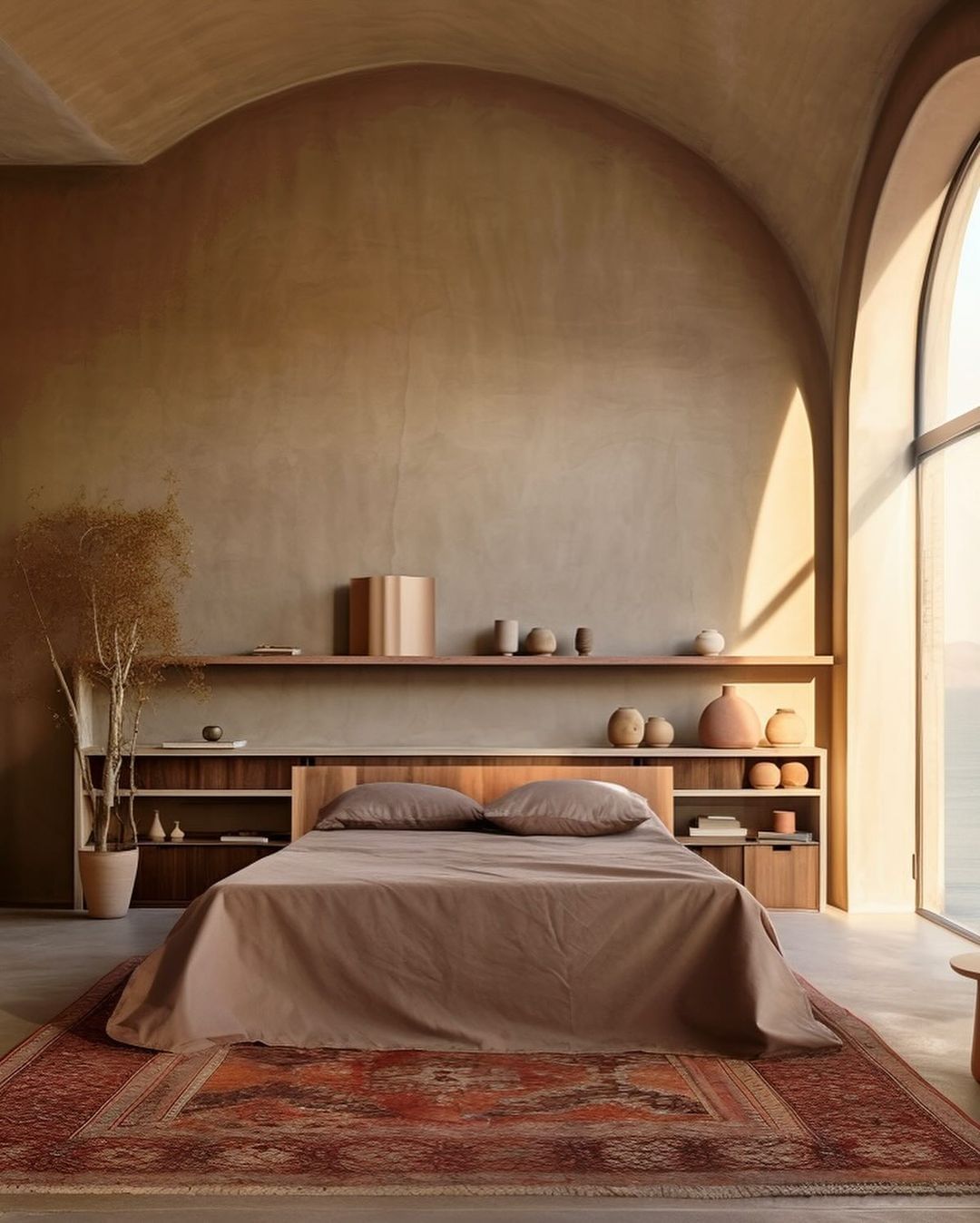 A warm and serene bedroom with arched windows and terracotta tones