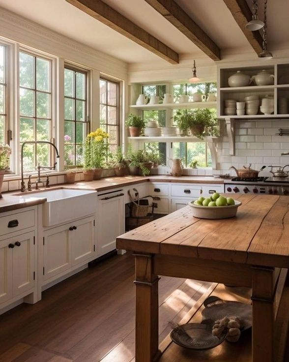 A cozy and inviting kitchen featuring exposed wooden beams and lush plant decor