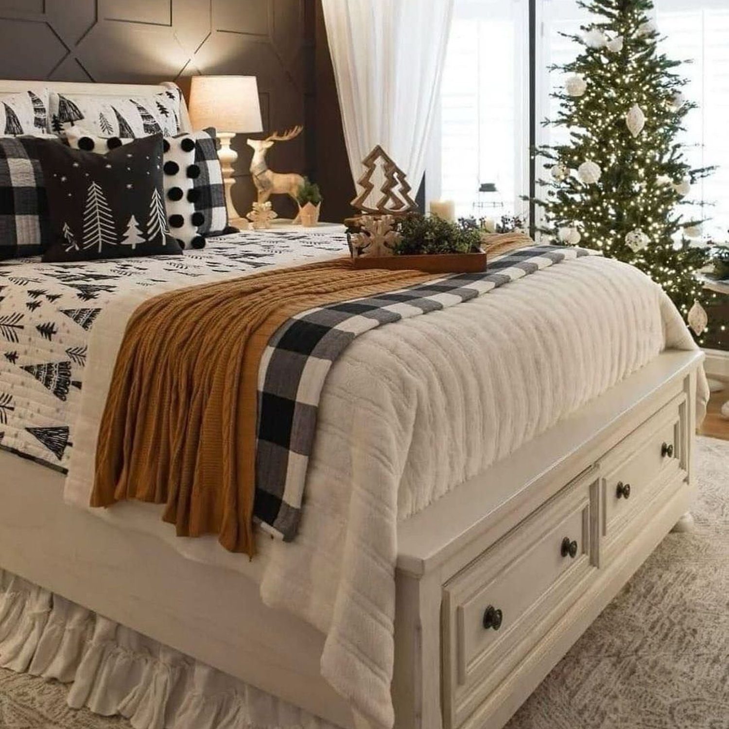 Cozy winter-themed bedroom with festive decorations