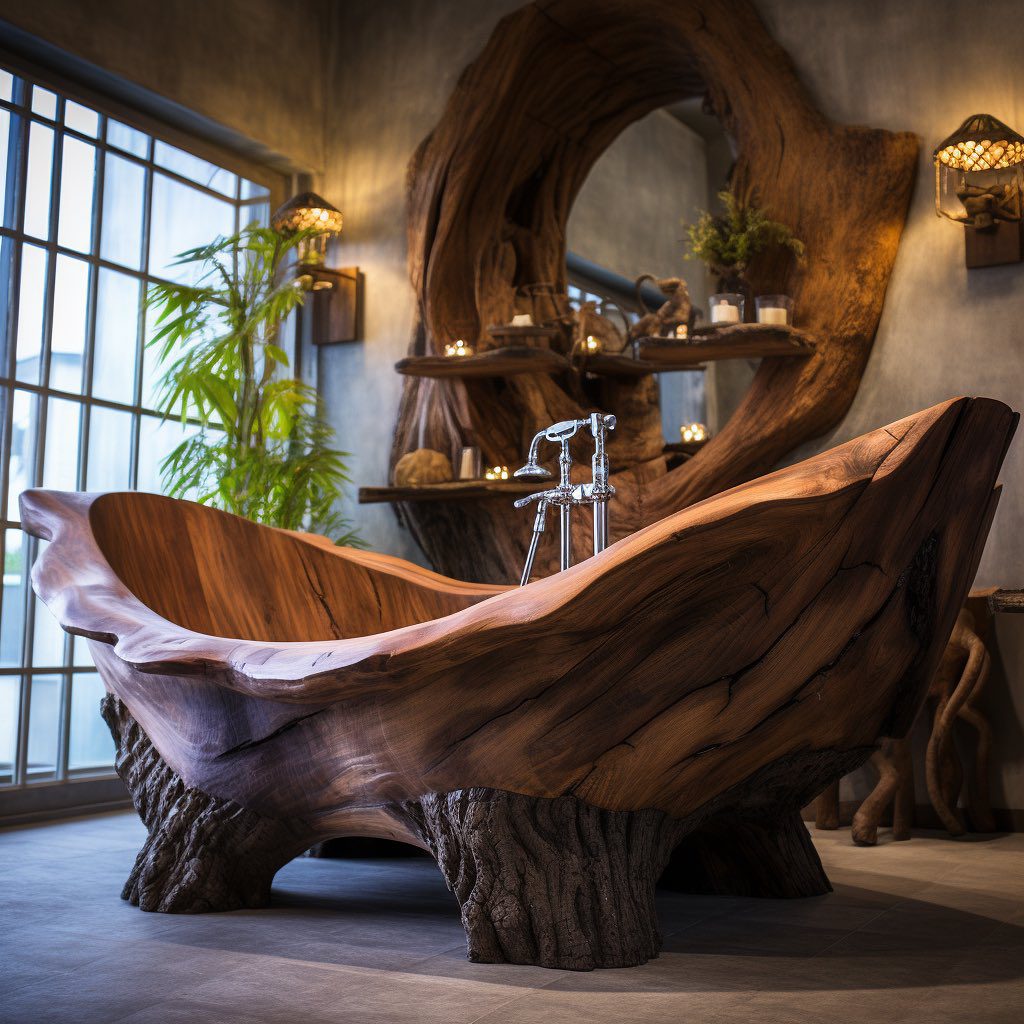 A uniquely crafted wooden bathtub in a modern rustic bathroom setting.