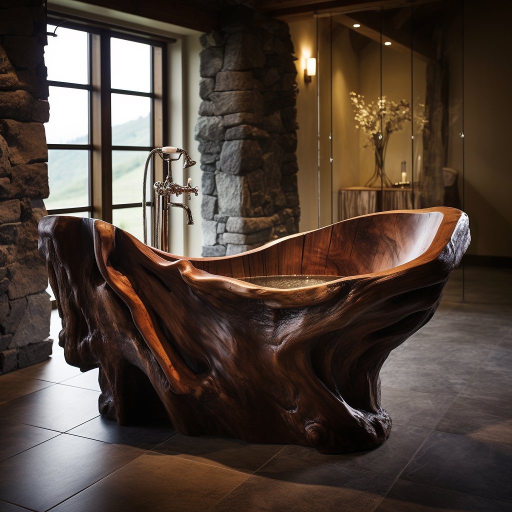 A luxurious and unique wooden bathtub carved from a single piece of wood