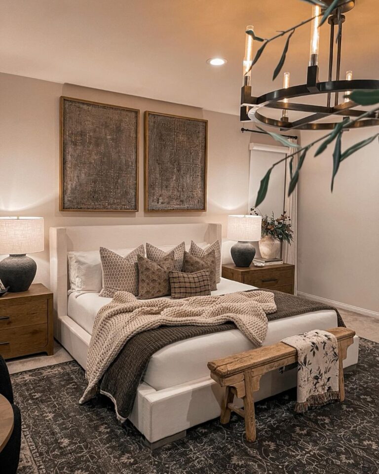 A cozy and inviting bedroom designed with a stylish blend of modern and rustic elements