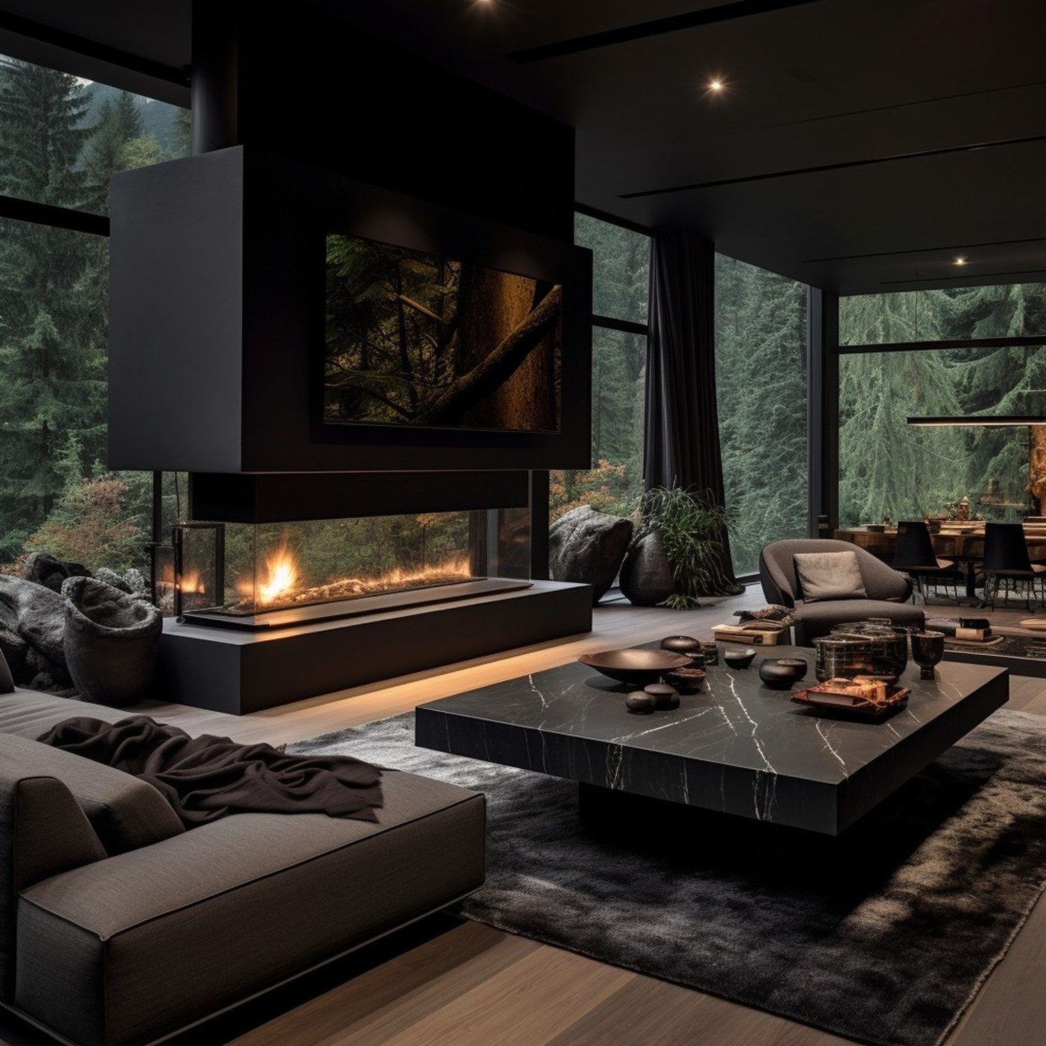 An elegantly designed living room that seamlessly integrates with nature