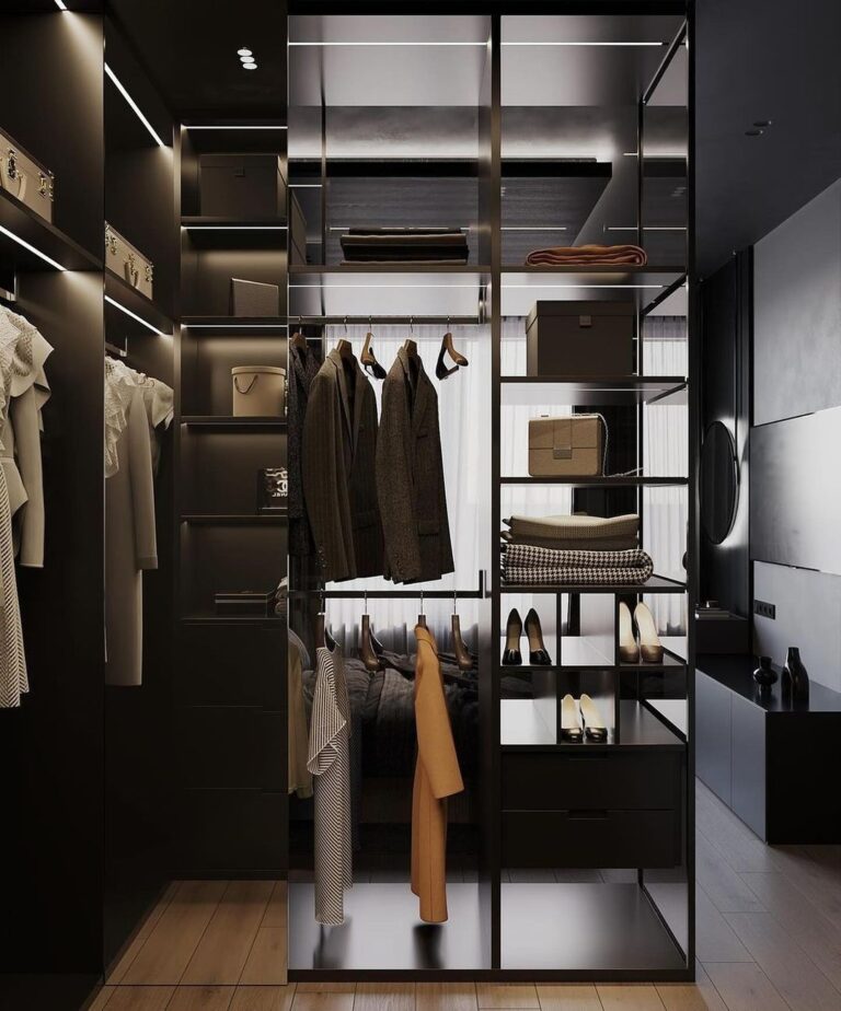 A meticulously organized walk-in closet featuring a harmonious blend of dark hues and metallic accents.