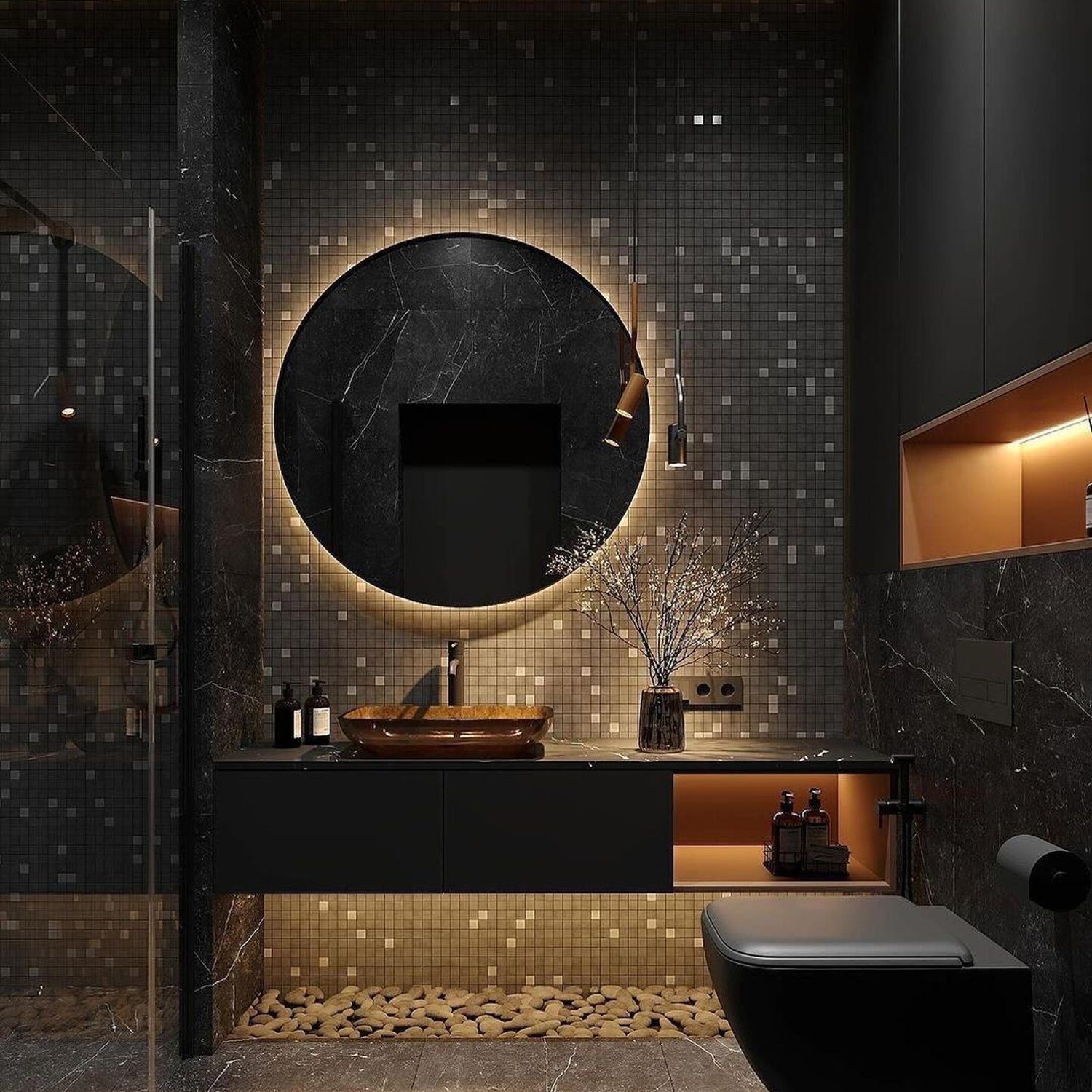 An elegantly designed modern bathroom with warm ambient lighting