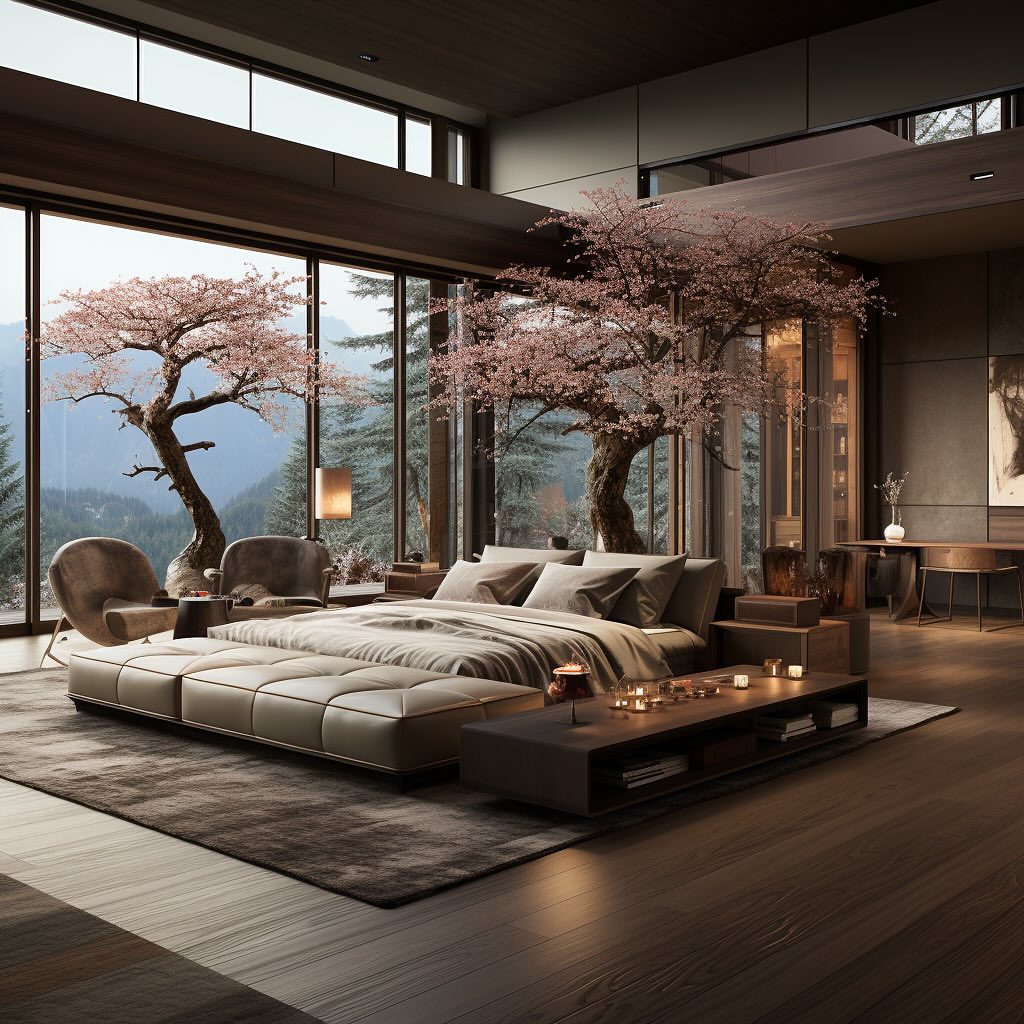 A modern bedroom with cherry blossom trees