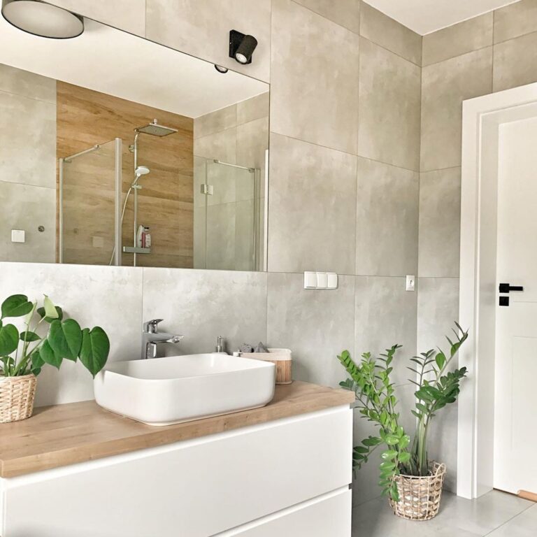 A modern minimalist bathroom with neutral tones