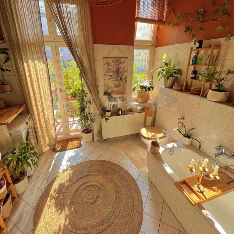 A sunlit bathroom with a cozy ambiance